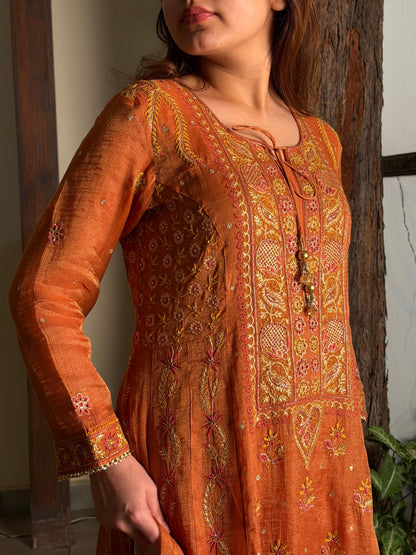 Rust Orange Shade Tissue Silk Chikankari Anarkali With Ari Work