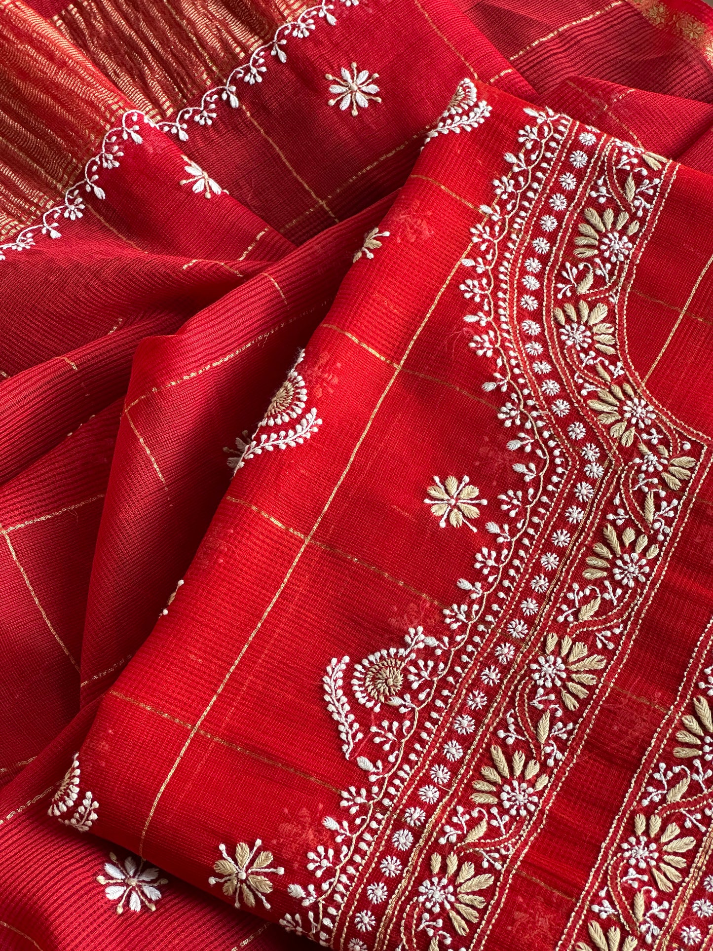 Red Shade Tissue Zari Kota Chikankari Unstitched Fabric