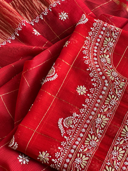 Red Shade Tissue Zari Kota Chikankari Unstitched Fabric