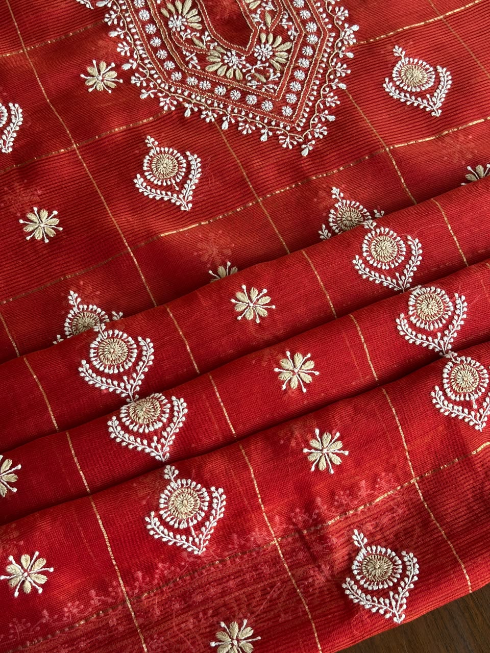 Red Shade Tissue Zari Kota Chikankari Unstitched Fabric