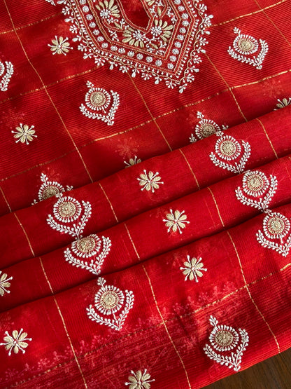 Red Shade Tissue Zari Kota Chikankari Unstitched Fabric