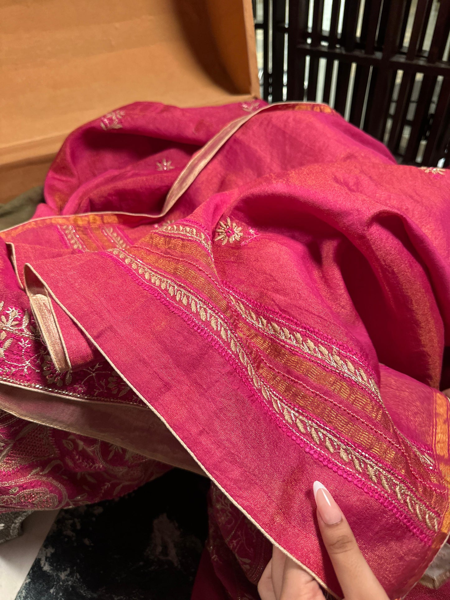 Hot Pink Tissue Silk Chikankari Unstitched Fabric