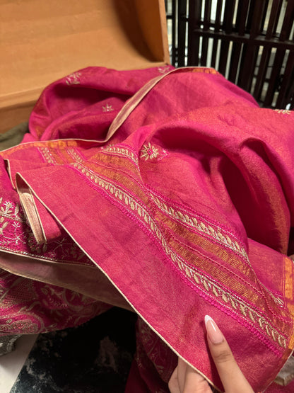Hot Pink Tissue Silk Chikankari Unstitched Fabric