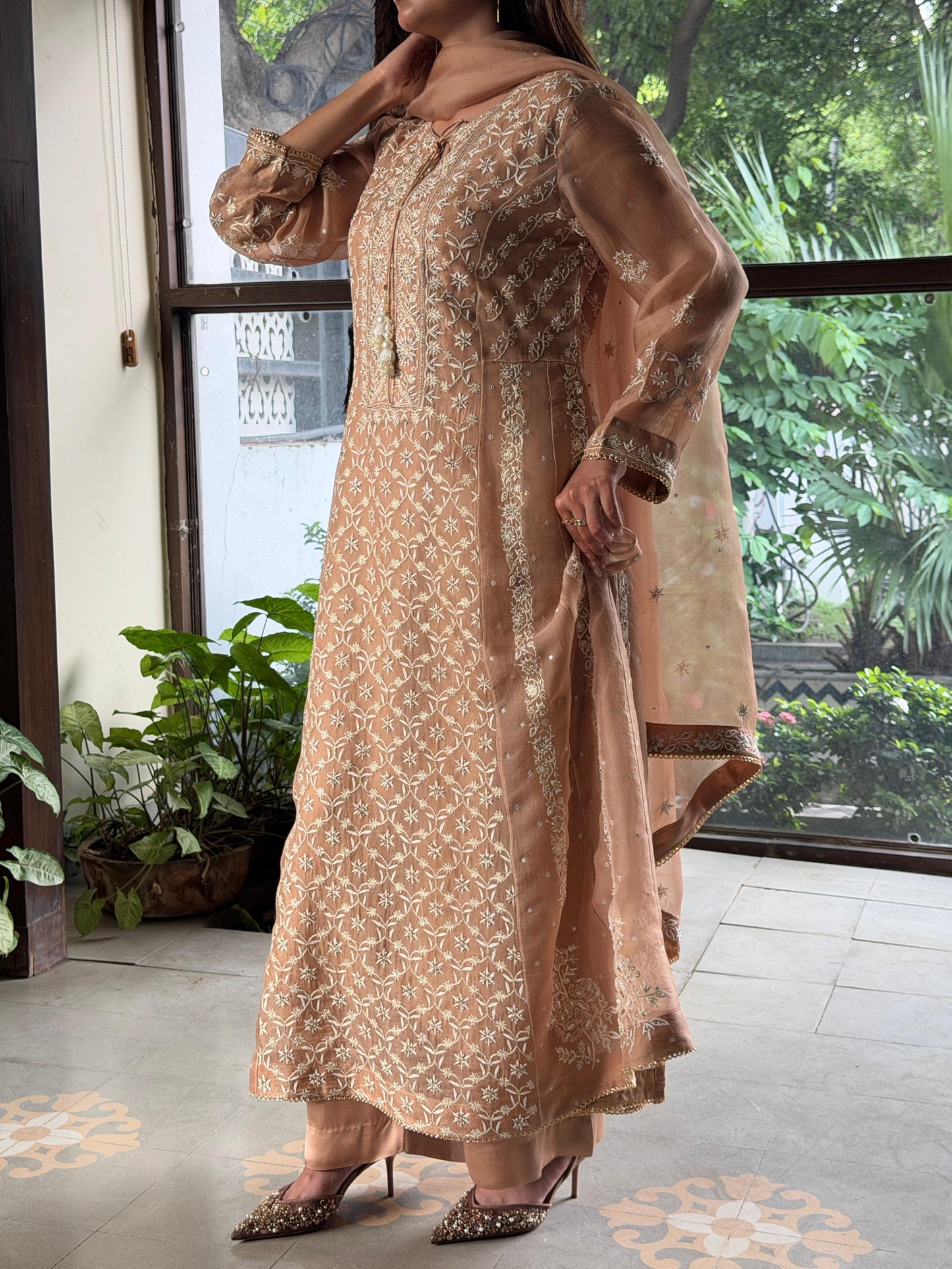 Beige Shade Noor Organza Chikankari Anarkali