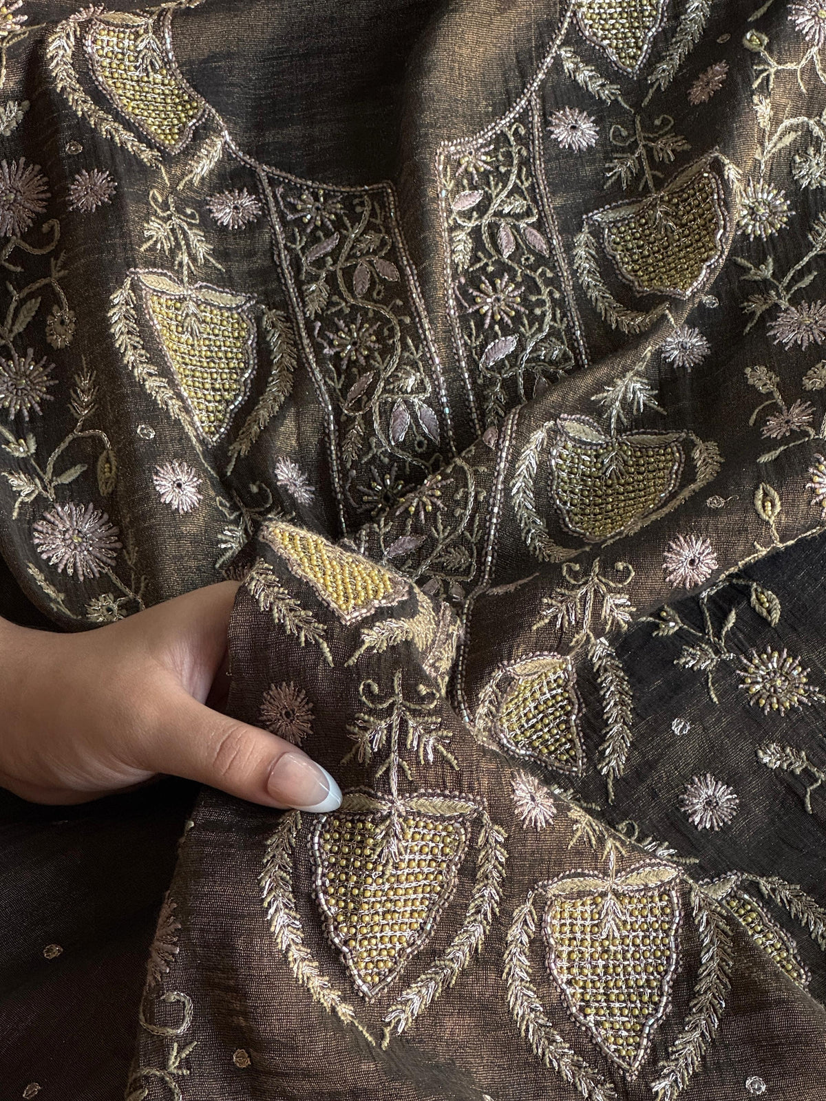 Goldish Black Shade Tissue Silk Chikankari Unstitched Fabric