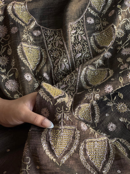Goldish Black Shade Tissue Silk Chikankari Unstitched Fabric