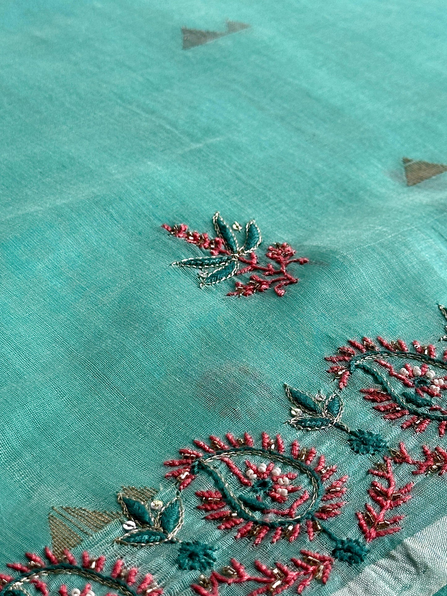 Aqua Green Shade Chanderi Chikankari Saree