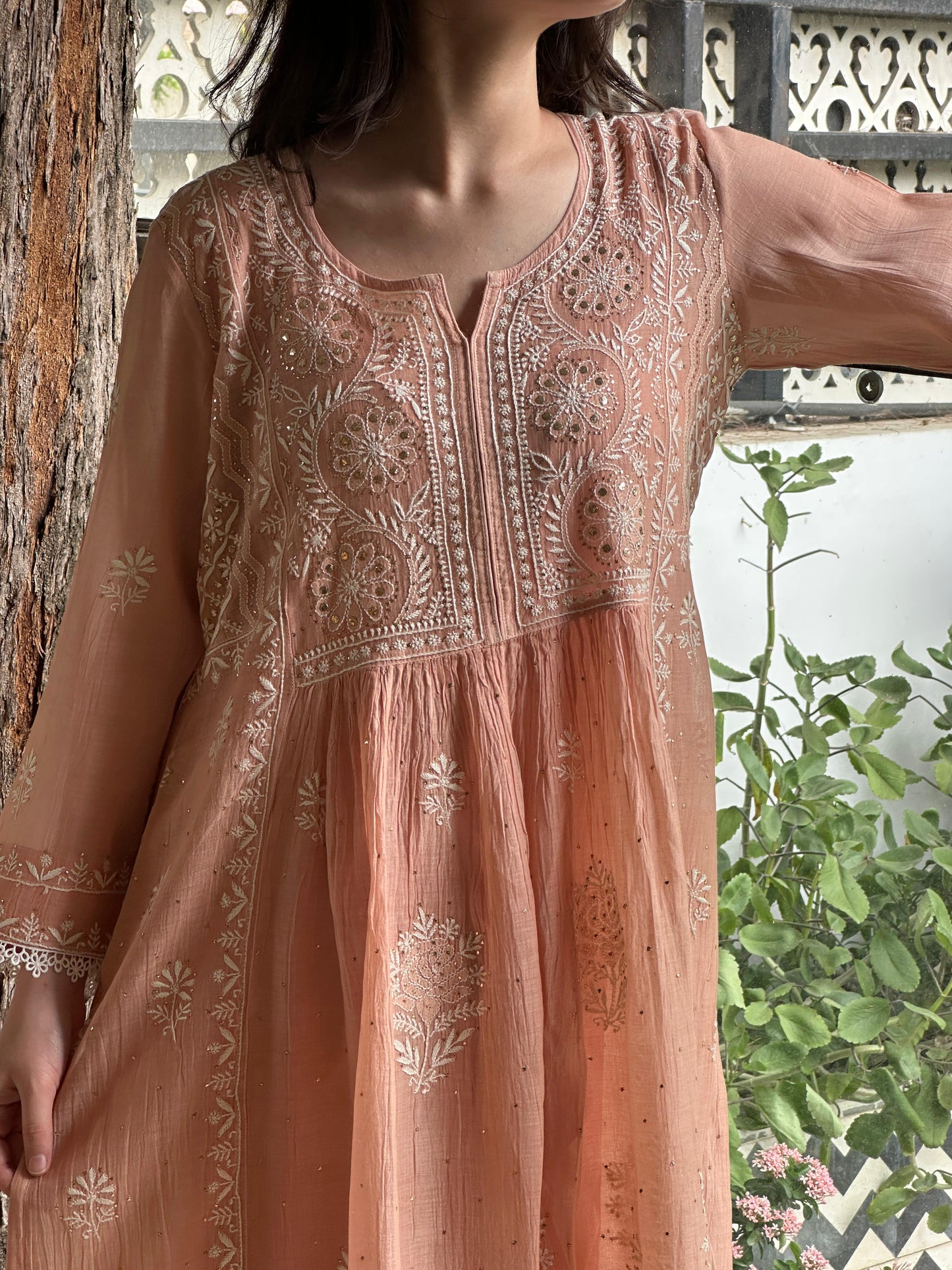 Peach Shade Malmal Mukaish Kamdani Kurta Set