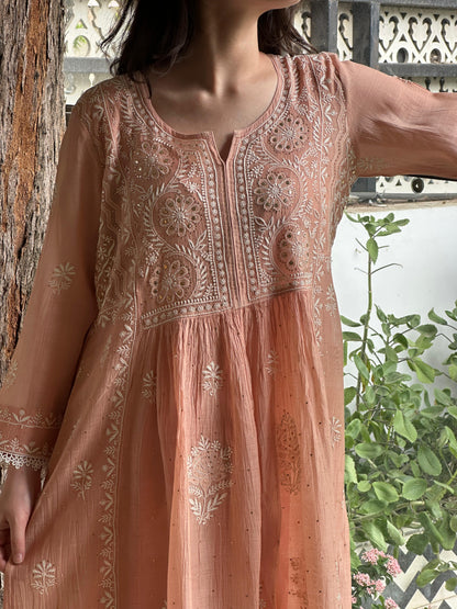 Peach Shade Malmal Mukaish Kamdani Kurta Set