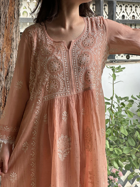 Peach Shade Malmal Mukaish Kamdani Kurta Set