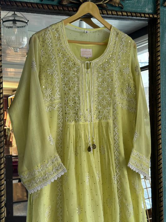 Olive Green Kota Chikankari Kurta With Mukaish Work