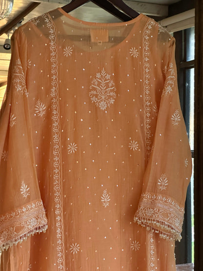 Coral Peach Shade Malmal Pearl White Chikankari Ready to Wear Kurta Set