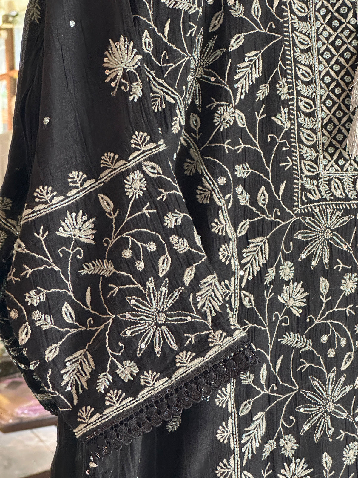 Black Mul Chanderi Chikankari Kurta Set with Pearl & Sequin Work