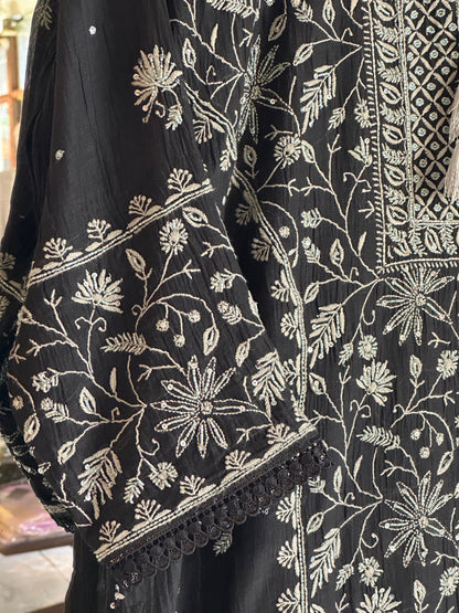 Black Mul Chanderi Chikankari Kurta Set with Pearl & Sequin Work