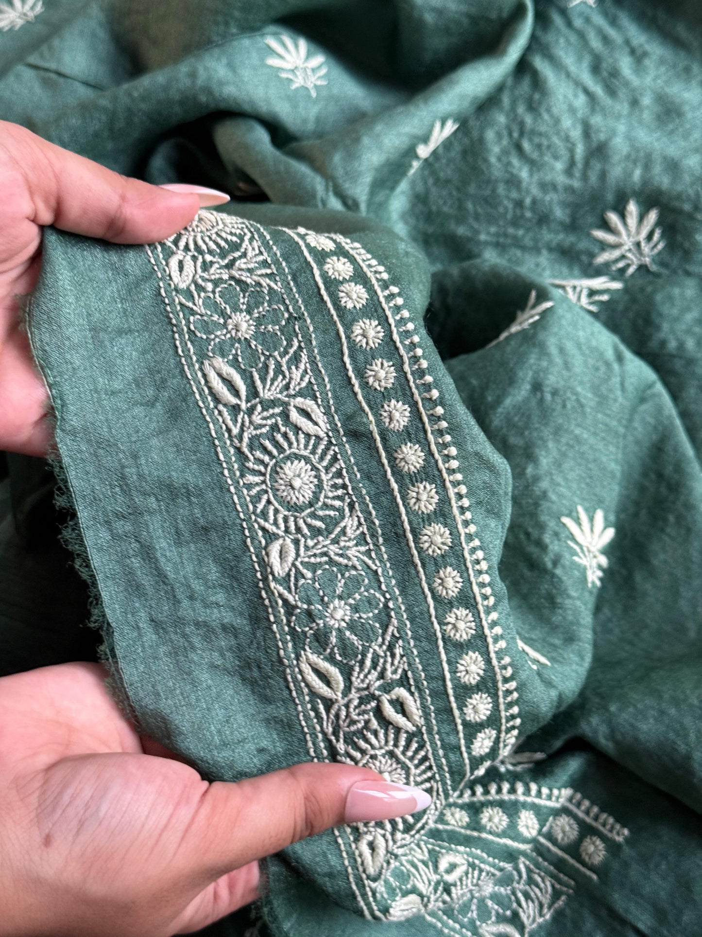 Green Moonga Silk Chikankari Men’s Kurta Fabrics