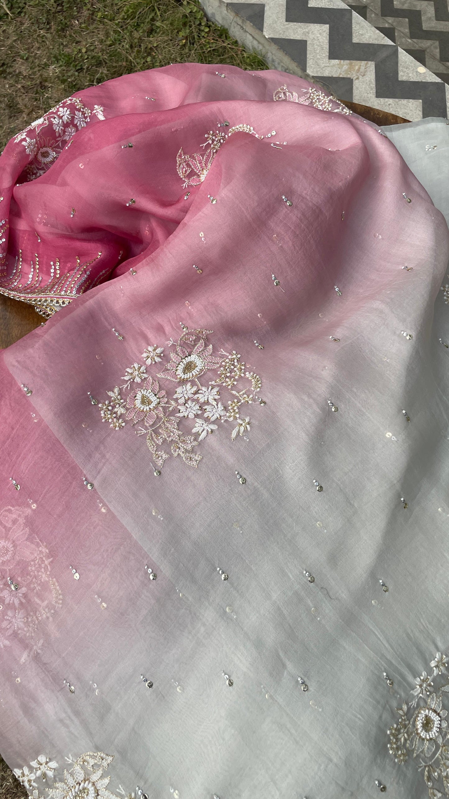 Ombre Plum Grey Noor Organza Chikankari With Sequins Border Saree