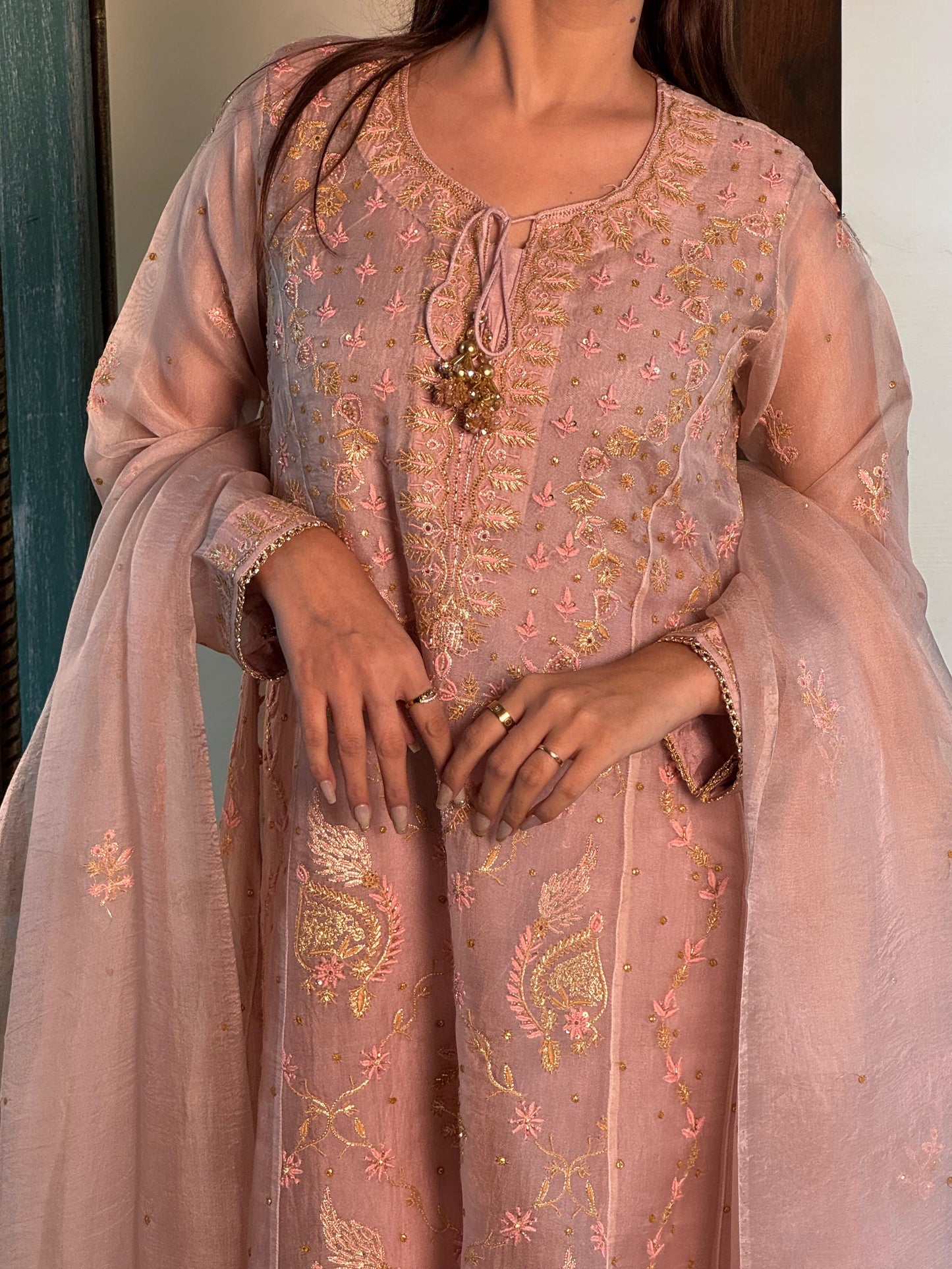 Dusty Peach Shade Noor Organza Chikankari Anarkali
