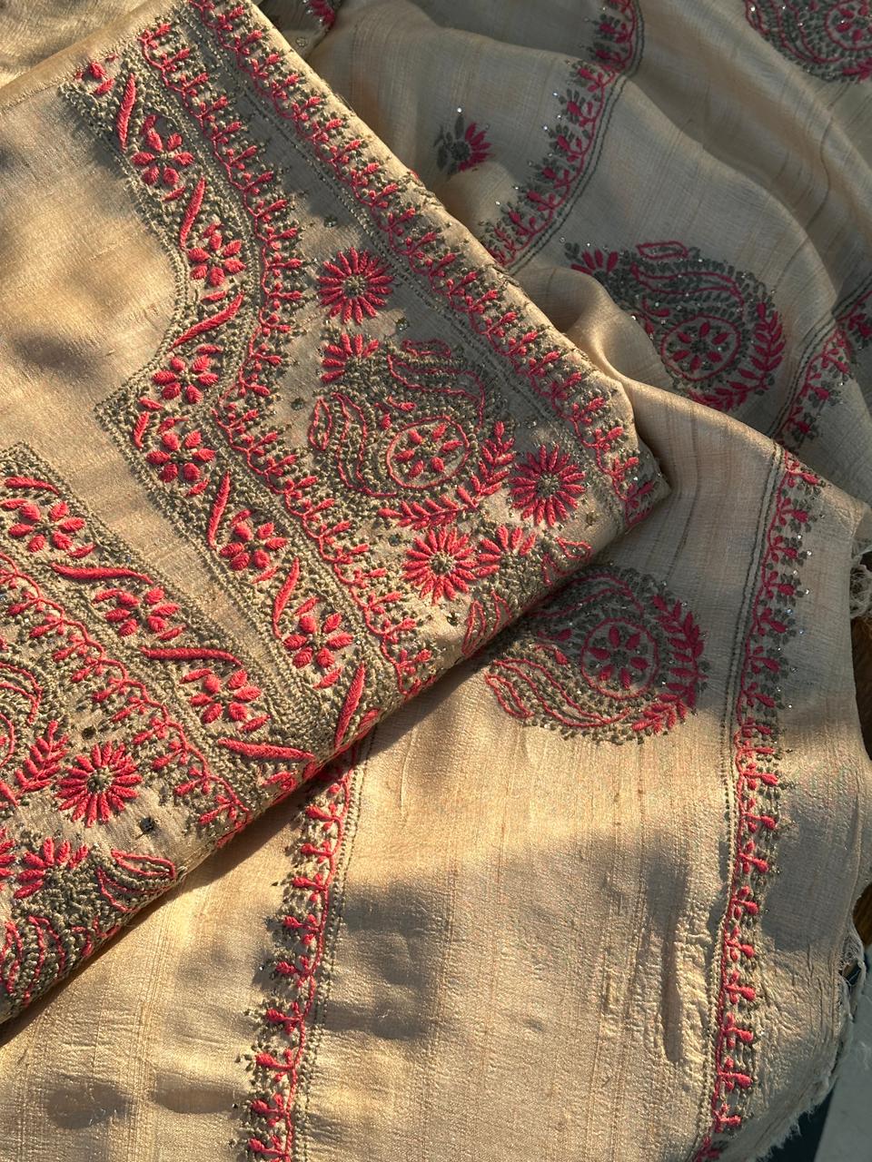 Natural Beige Shade Tussar Silk With Dual Thread Chikankari Fabric