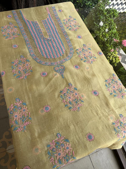 Yellow Multi Shade Organza Silk Chikankari Unstitched Fabric