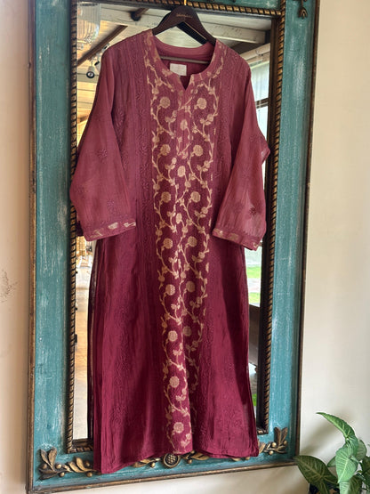 Maroon Zari Chanderi Chikankari A Line Kurta with Slip