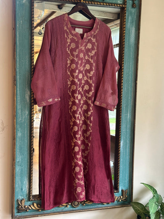 Maroon Zari Chanderi Chikankari A Line Kurta with Slip