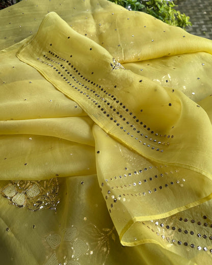 Yellow Noor Organza Silk Mukaish Pearl Chikankari Unstitched Fabric
