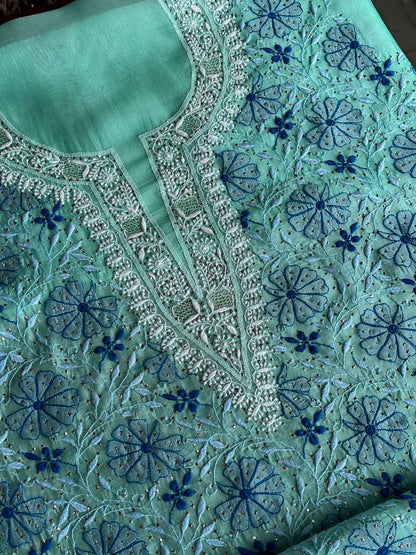 Blue Noor Organza Silk Chikankari With Kamdani Fabric