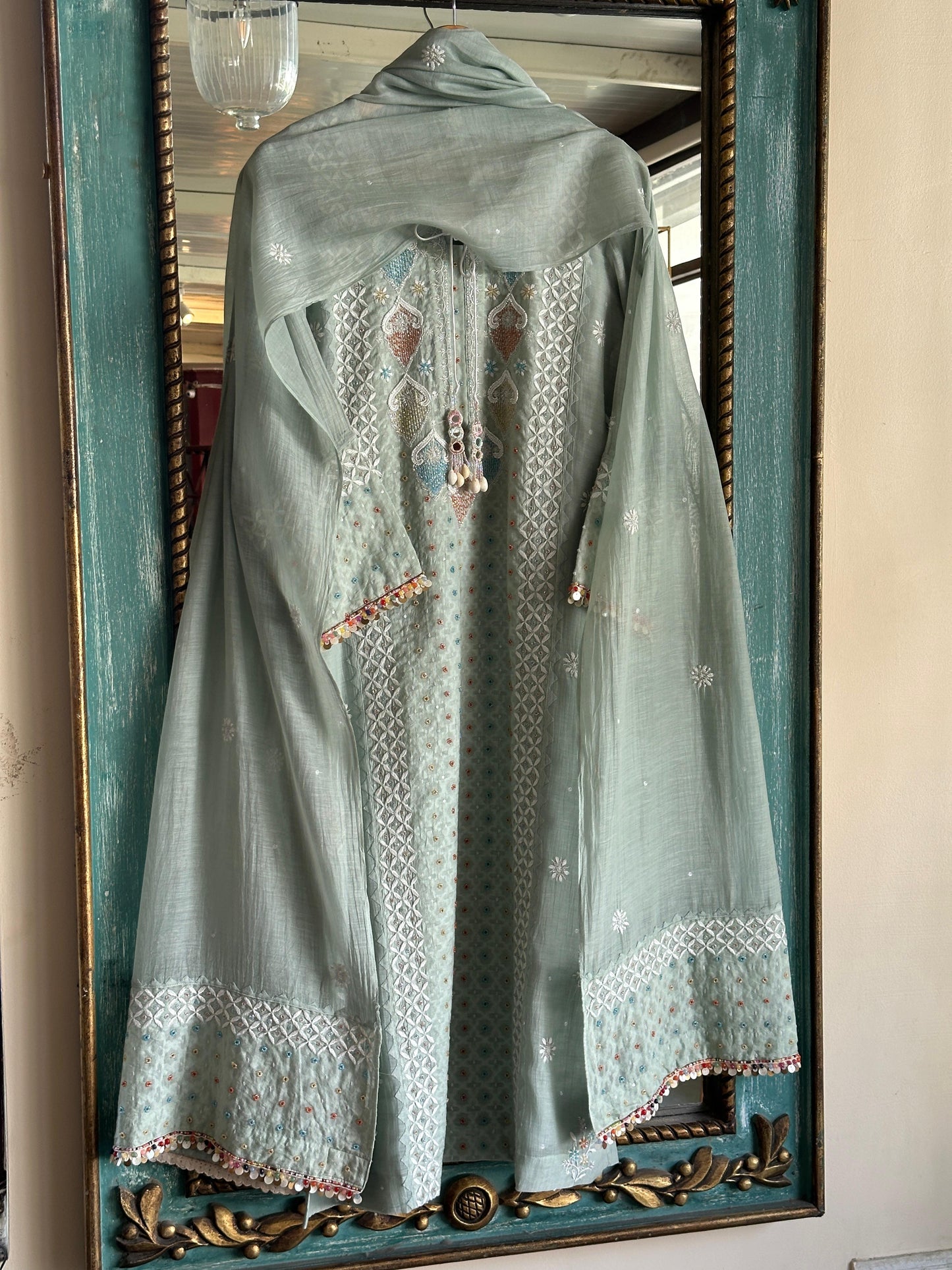 Mint Green Shade Jacquard Sequins Chikankari Kurta Set