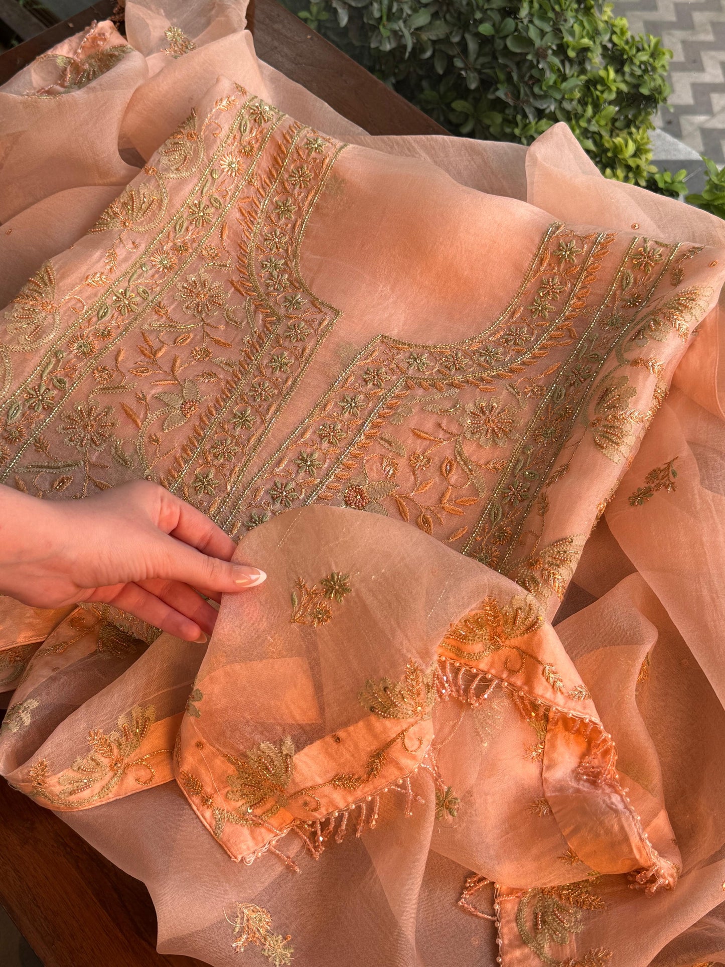 Floral Soft Peach Shade Noor Organza Chikankari Unstitched Fabric