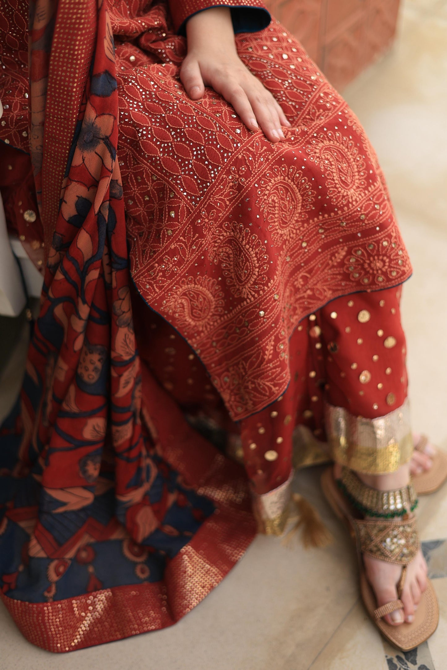 Madder Rust Red Chikankari Pure Georgette Kurta Gharara Set with Kalamkari Dupatta