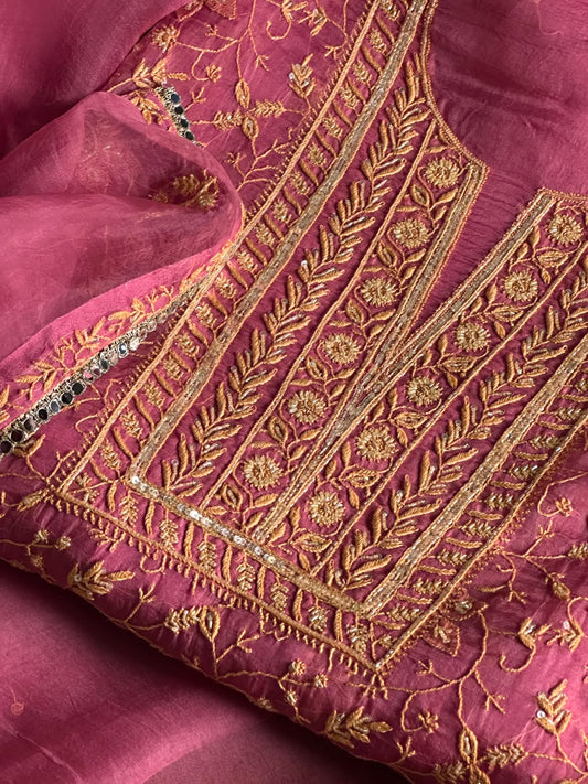 Pink Shade Noor Organza Silk Chikankari Unstitched Fabric