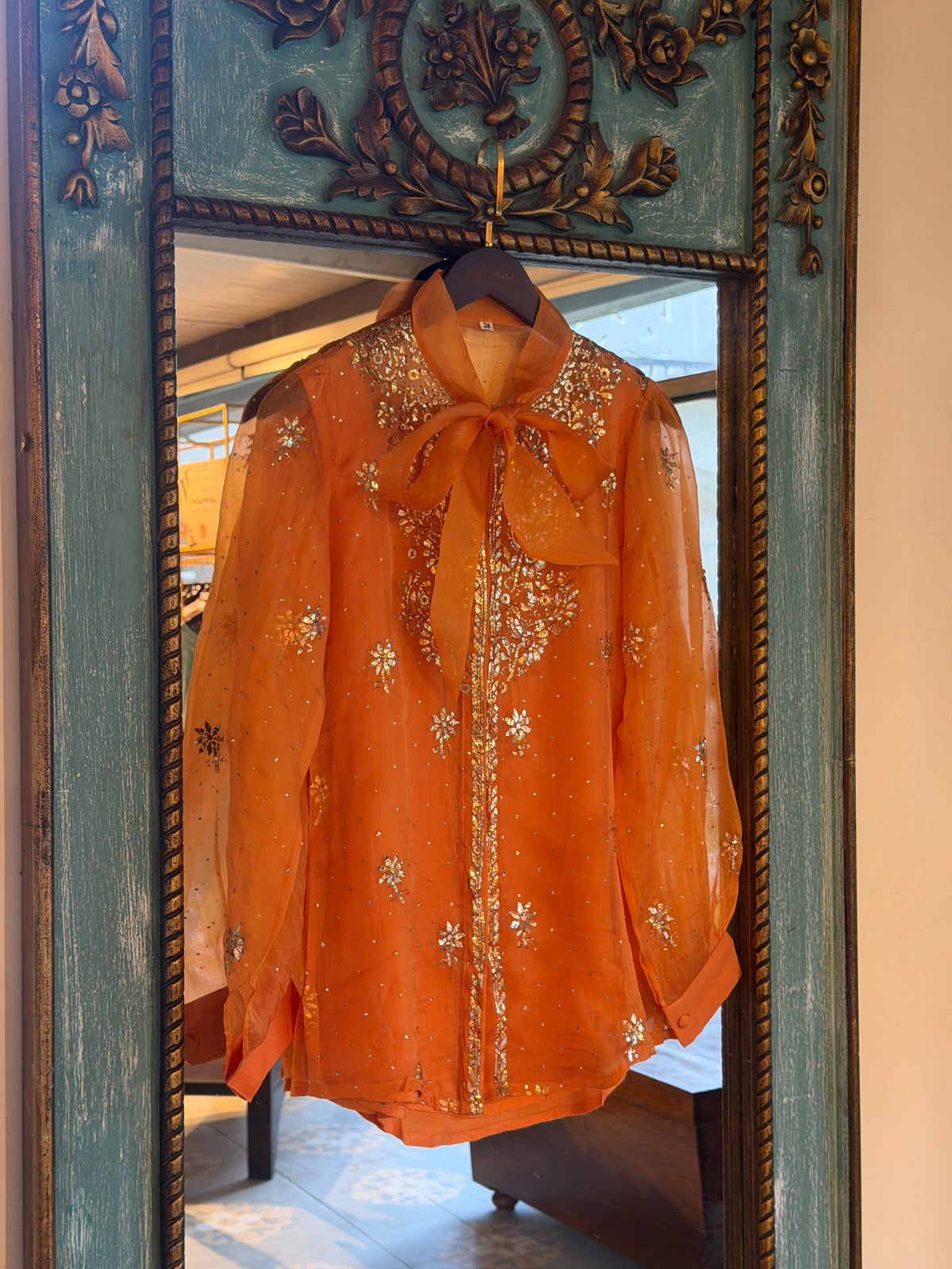 Orange Noor Organza Mukaish Badla Short Top With Bow Tie