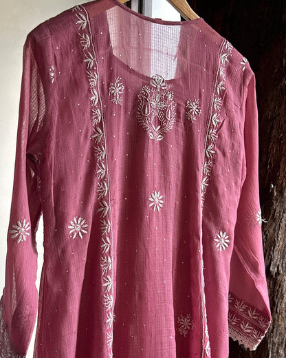 Onion Pink Kota Chikankari with Mukaish Kamdani Tunics