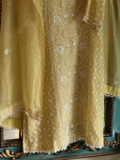 Yellow Shade Malmal Pearl White Chikankari Ready to Wear Kurta Set