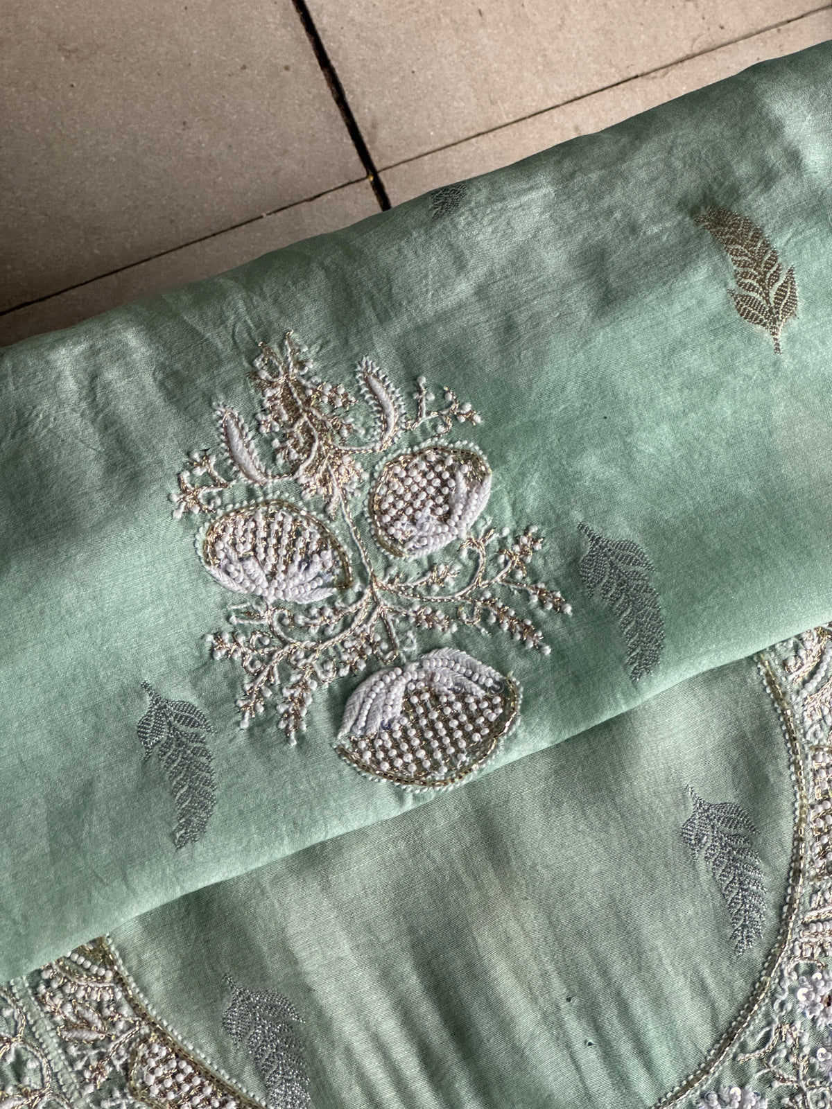 Mint Green Shade Banarasi Zari Chanderi Unstitched Chikankari Fabric