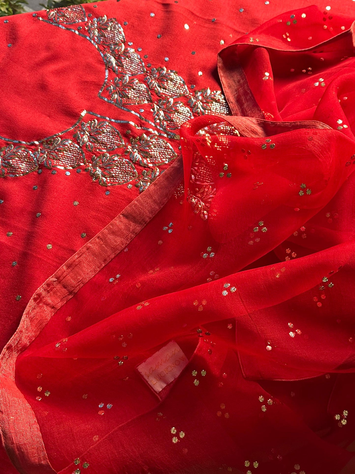 Red Chanderi Silk Mukaish Badla Unstitched Fabrics