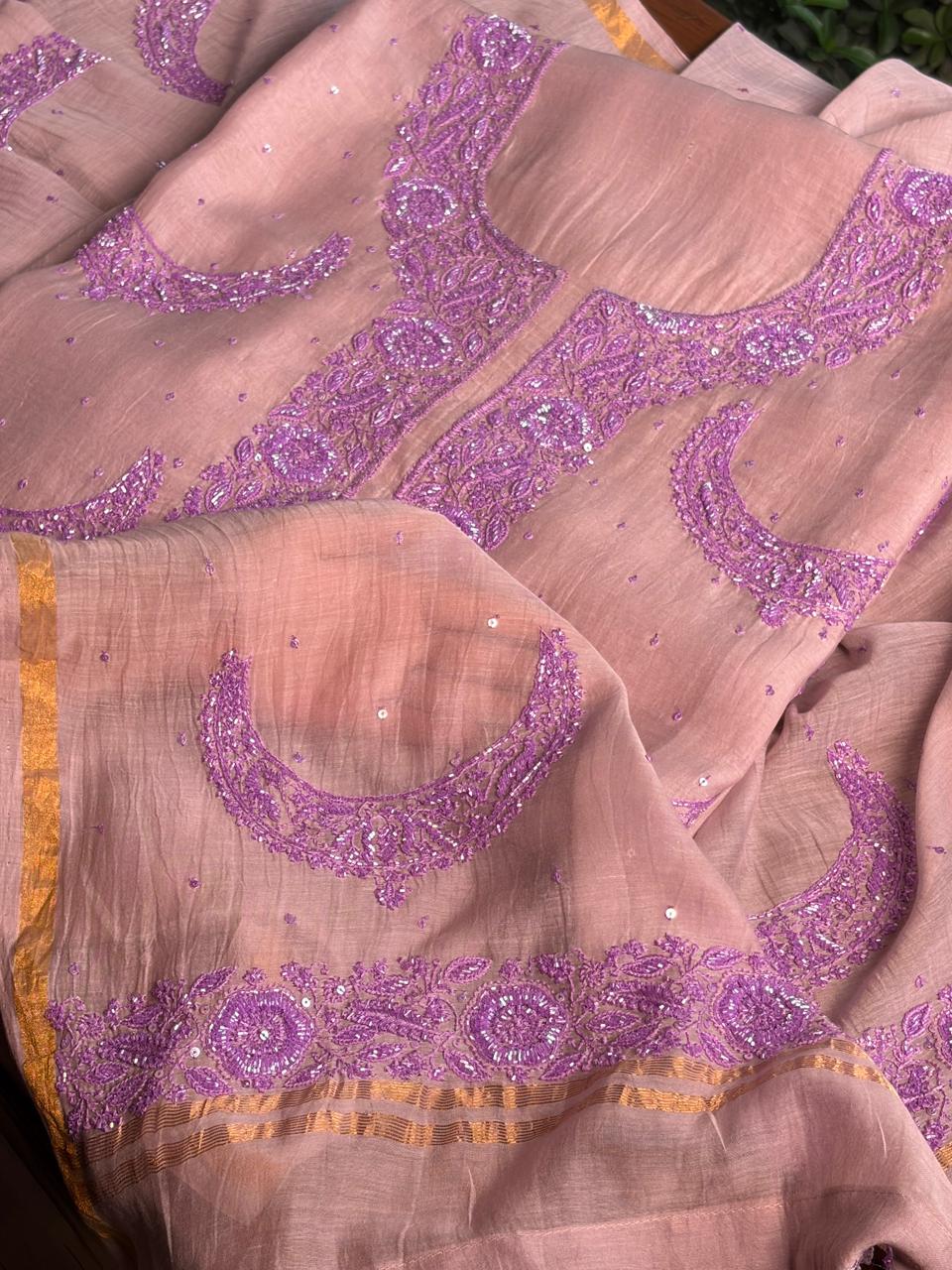 Latte Purple Crescent Chandbala Chikankari Unstitched Fabric