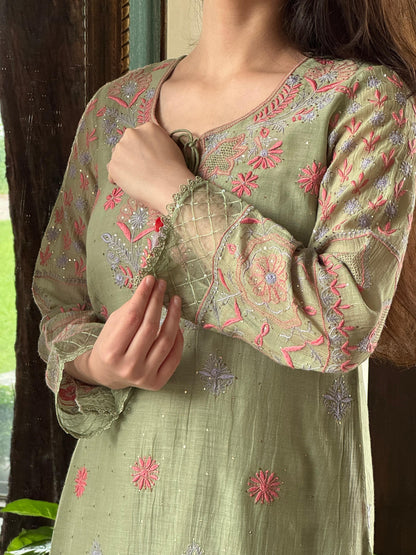 Green Shade Mul Chanderi Chikankari Farshi Sets