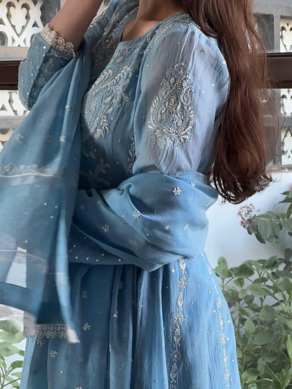 Powder Blue Shade Malmal Pearl Work Chikankari Anarkali