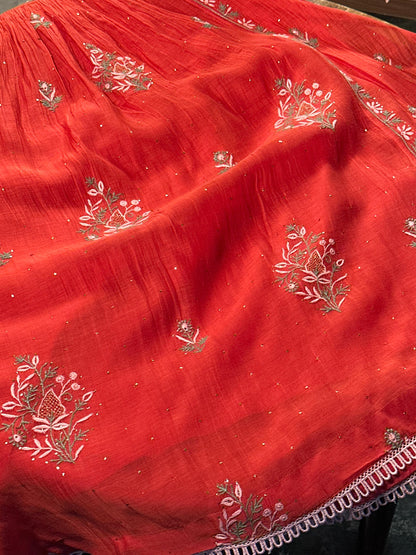 Saman Tomato Red | Malmal Mukaish Kamdani Chikankari Stitched Kurta Dupatta Set