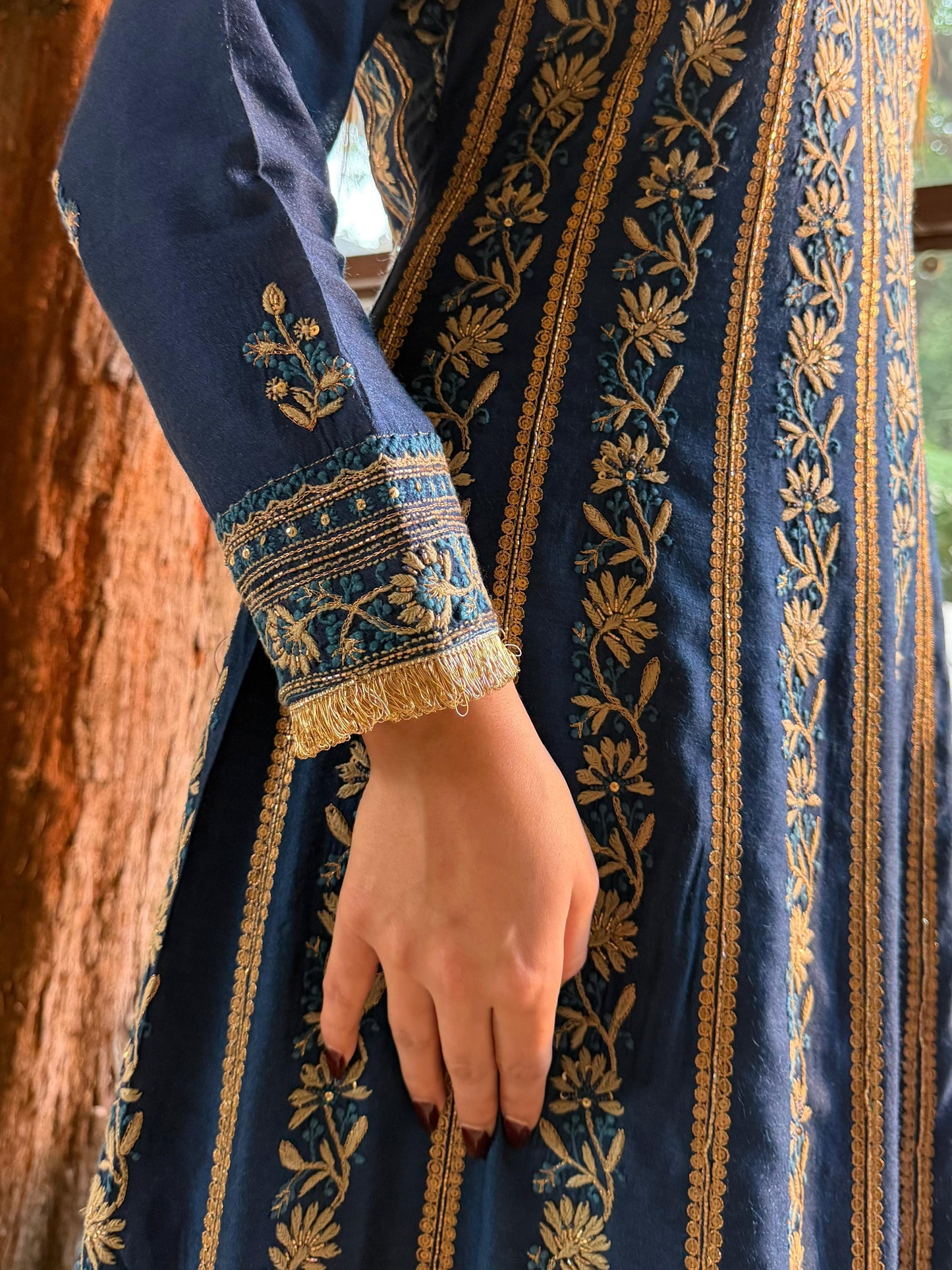 Roheen Blue Moonga Silk Chikankari Anarkali With Dupatta
