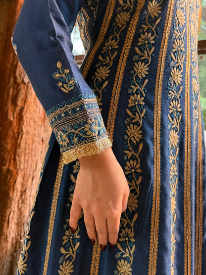Roheen Blue Moonga Silk Chikankari Anarkali With Dupatta