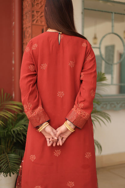 Madder Rust Red Chikankari Pure Georgette Kurta Gharara Set with Kalamkari Dupatta