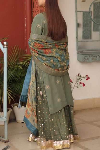 Mehndi Green Chikankari Pure Georgette Kurta Gharara Set with Kalamkari Dupatta