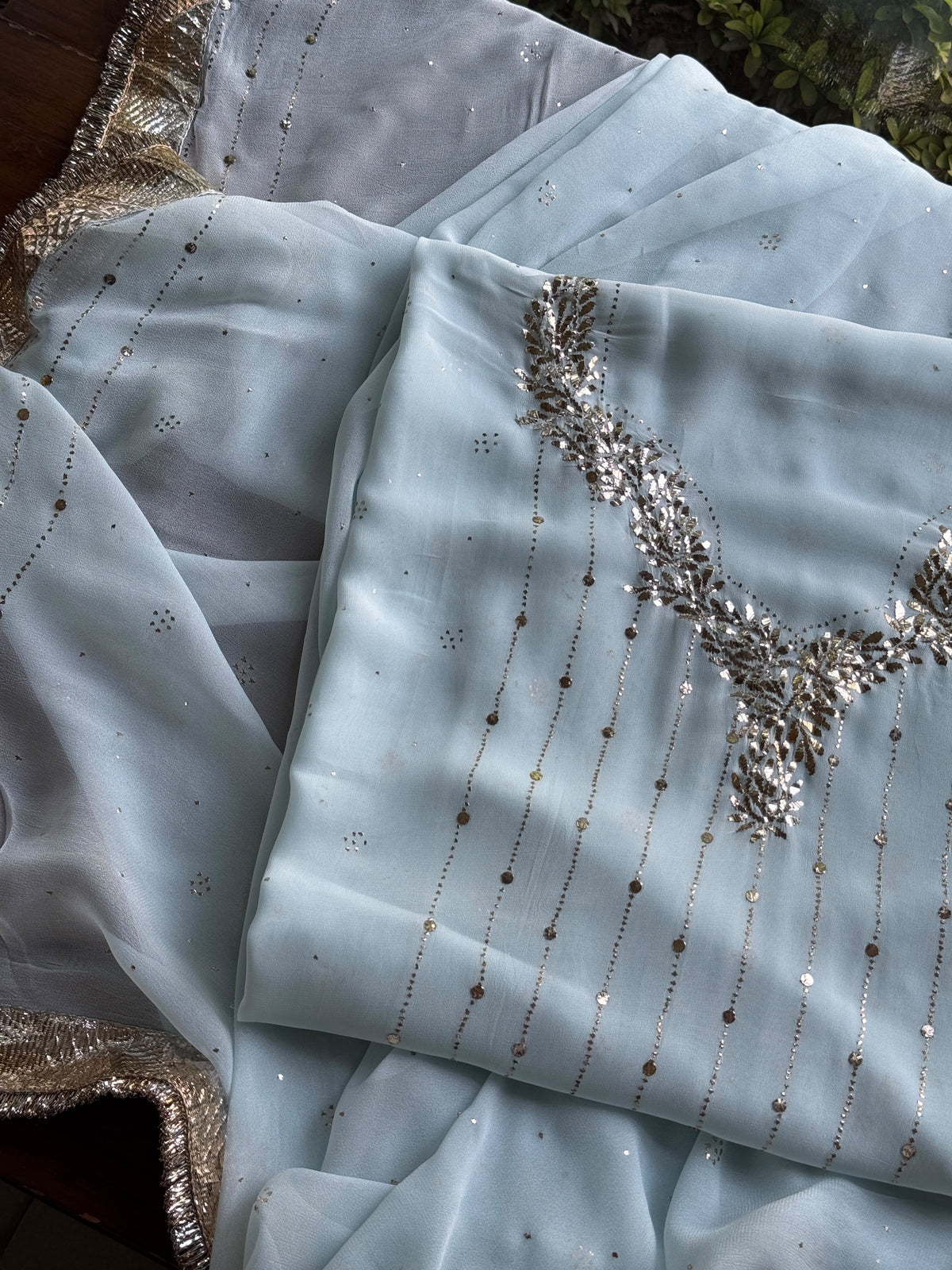 Powder Blue Mukaish Badla Pure Georgette Kurta Set