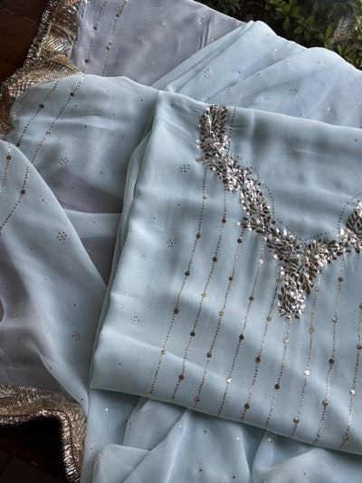 Powder Blue Mukaish Badla Pure Georgette Kurta Set