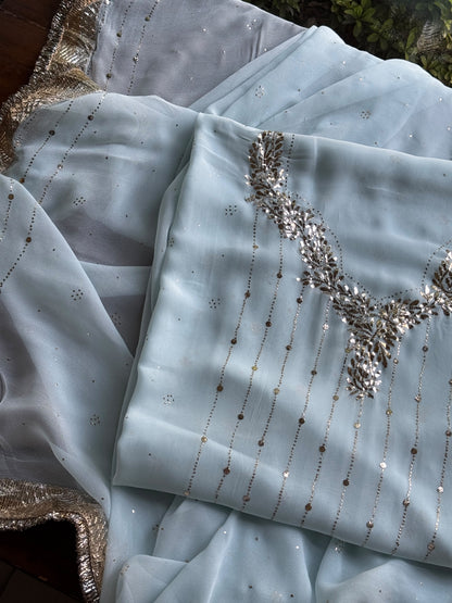Powder Blue Mukaish Badla Pure Georgette Kurta Set