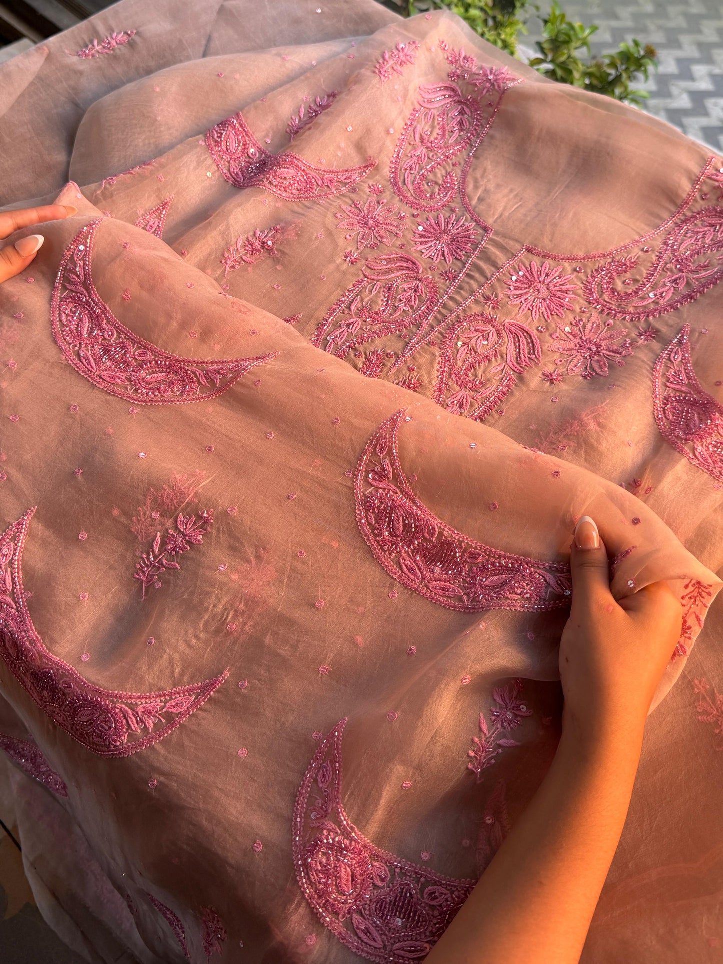 Beige & Pink Noor Organza Silk Chikankari Unstitched Kurta Dupatta Set