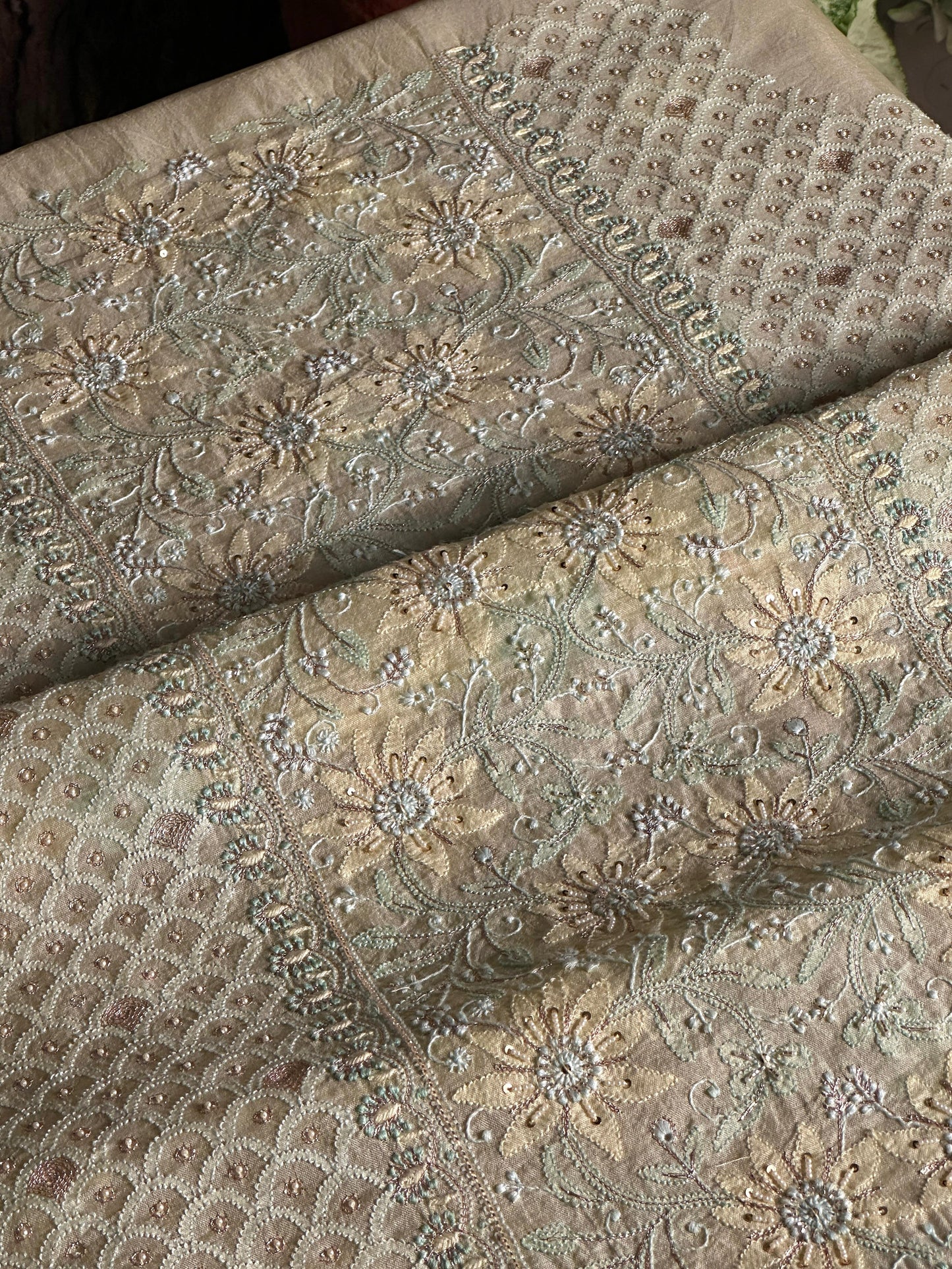 Lemon Shade Noor Banarasi Organza Chikankari Unstitched Fabric