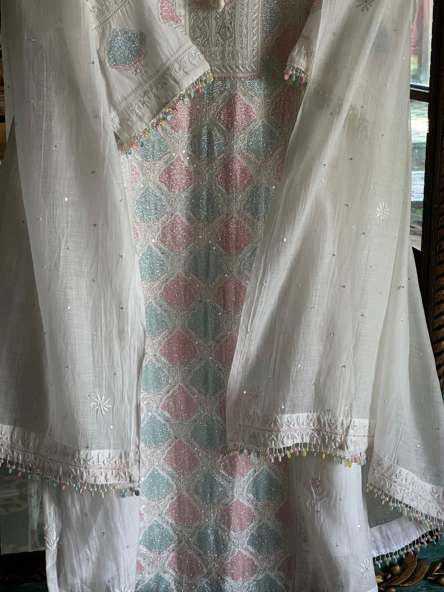 White Multi Shade Mulmul Pearl White Chikankari Ready to Wear Kurta Set